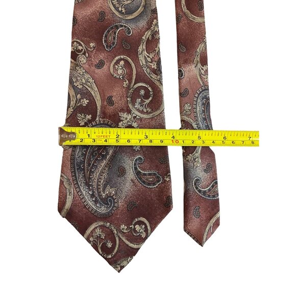 Vintage Johnny Carson Mens Silk Neck Tie Italian Burgundy Gray Tan Paisley - Picture 3 of 6